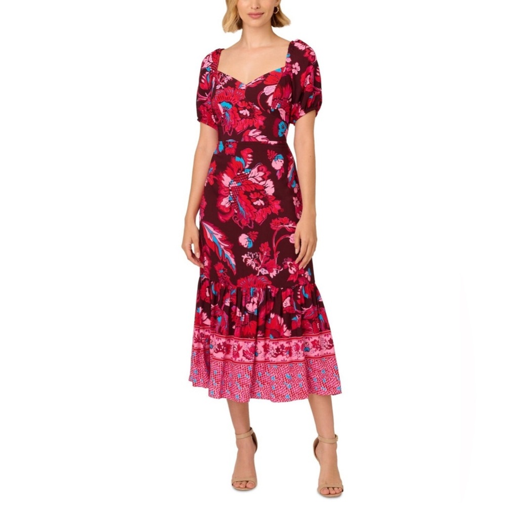 ADRIANNA PAPELL FLORAL-PRINT PUFFED-SLEEVE DRESS